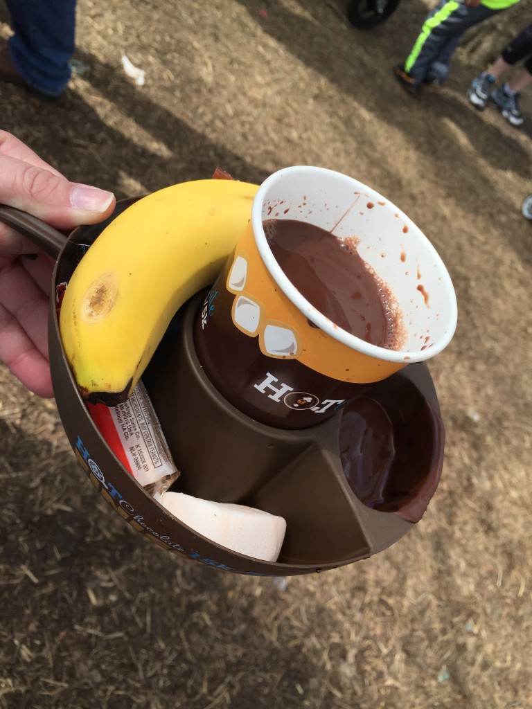 That's right - cross the finish line and get a cup of piping hot chocolate, plus a little tray of chocolate fondue and dipping treats. Best. Race. Ever.